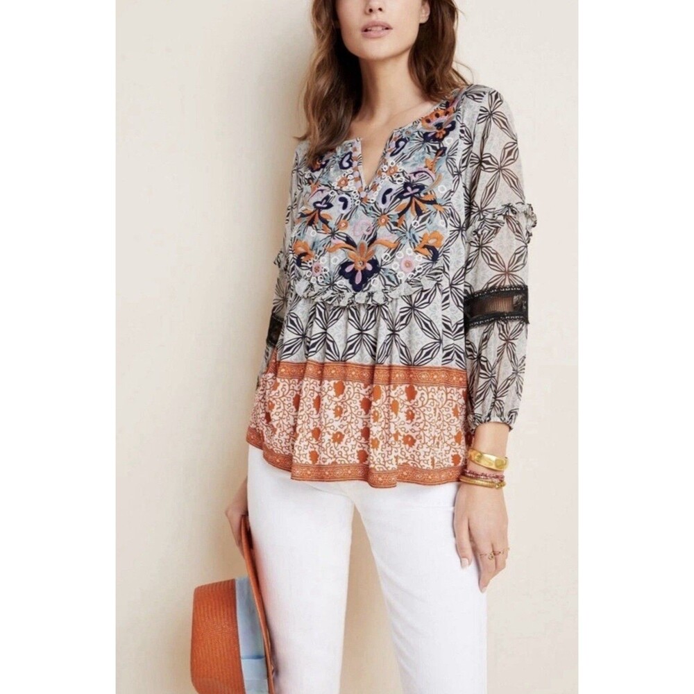 Anthropologie Terri Boho Floral Embroidered Peasant Blouse Women’s Size Small